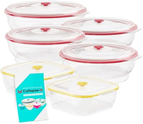 Collapse-it Silicone Food Storage Containers - BPA Free Airtight Silicone Lids, Collapsible Lunch Box Containers - Oven, Microwave, & Freezer Safe ((4) Red 3.5-Cup, (2) Yellow 2-Cup (Clear))
