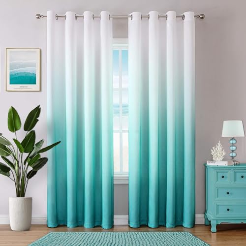 WUBODTI Cortinas de Dormitorio Color Verde Azulado Degradado para Ventana de 84 Pulgadas, Juego de 2 Paneles, Color Turquesa y Blanco, decoración de habitación, Cortinas con Ojales para Sala de Estar
