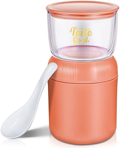 Breakfast On The Go Cup Muesli Cereal Yogurt Pots with Lids Container with Spoon Portable Travel Mug Double Layer Capacity Milk Cup for Work School Travel Picnic, 330ml/ 430ml (Red, Plastic)
