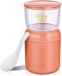 Breakfast On The Go Cup Muesli Cereal Yogurt Pots with Lids Container with Spoon Portable Travel Mug Double Layer Capacity Milk Cup for Work School Travel Picnic, 330ml/ 430ml (Red, Plastic)
