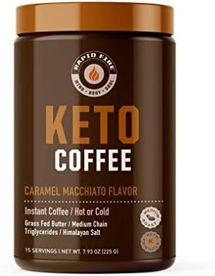 Rapidfire Ketogenic Fair Trade Instant Keto Coffee Mix, Supports Energy and Weight Management, Metabolism Booster, Grass Fed Butter, MCTs & Himalayan Salt, 15 servings, Caramel Macchiato Flavor, 7.93 Ounce