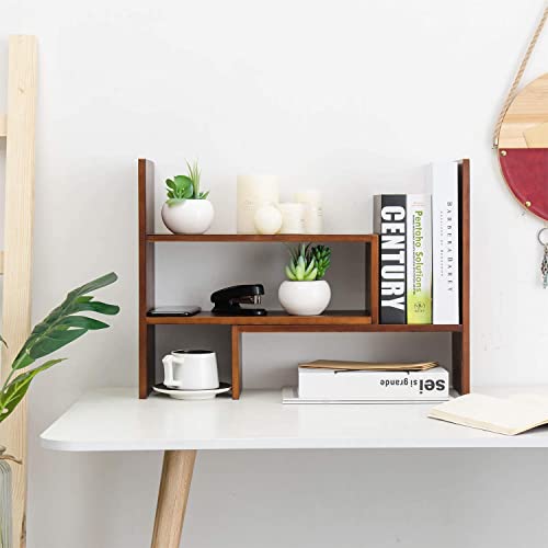 Liry Products Adjustable Extendable Natural Wood Desktop Organizer Caddy Desk Organizer Countertop Shelf Bookcase Display Stand Rack Expandable Storage Office Home, Brown #TOP5