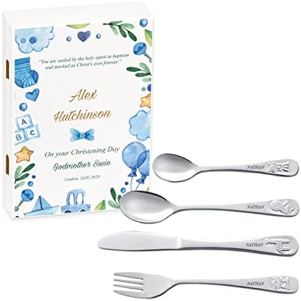 MAVERTON Kids Silverware in a Wooden Box  Personalised Animals Cutlery Set  Stainless Steel Engraved Utensil Set  for Boys - Animals