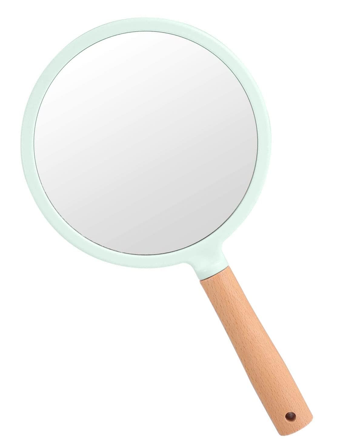 Portable Handheld Mirror with Wooden Handle for Makeup and Shaving, Cute Small Travel Mirror with Hanging Hole, Single-Sided Square Vanity Mirror for Men and Women (Green, Round)-image-14
