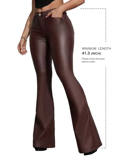 Lover Premium Women\'s Faux Leather Coated Flare Pants Mid Waist PU Skinny Black Leggings Bell Bottom Pants with Pockets