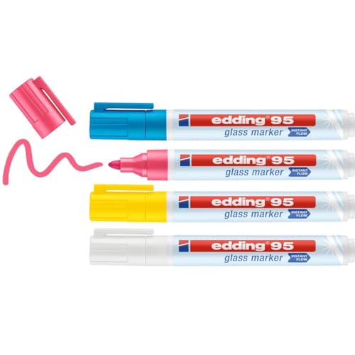 edding 95 marcador para cristal - multicolor claro - 4 rotuladores borrable para vidrio - punta redondeada 1,5-3 mm - para escribir y marcar en ventanas y pizarras de cristal - borrado en seco