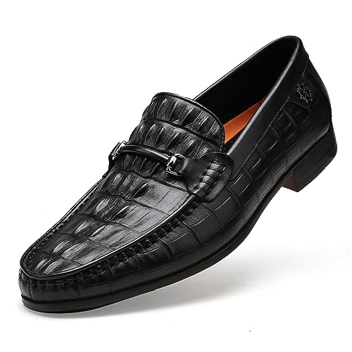 Black Leather Dress Shoes for Mens, Premium Crocodile Printed Formal Shoes Driving Casual Slip-on Loafer for Men, 8.5