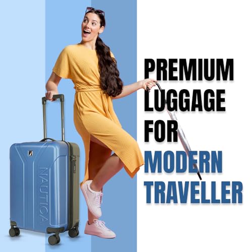 Image of Nautica 20 inch ABS Hard-Sided Unisex Cabin Luggage Trolley | 8-Wheel Spinner, Telescopic Handle | Durable, Secure Combination Lock | Modern Design Travel Suitcase for Men & Women | Blue & Grey
