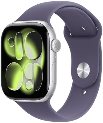 Apple Watch Series 11 GPS 46 mm Smartwatch mit Aluminiumgehäuse in Silber und Sportarmband in Nebelviolett (S/M). Schlafindex, Fitnesstracker, Gesundheitstracking, Always-On Displa