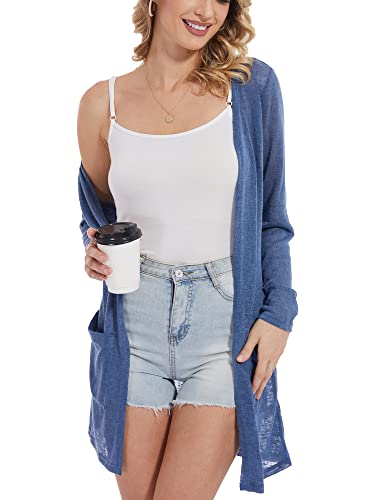 Spicy Sandia Women's Lightweight Sheer Cardigan For Summer Long Sleeve Open Front Solid Kimono Cover Up Blue S #TOP3
