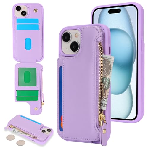Étui portefeuille iPhone 15 Plus Cavor en cuir violet avec porte-cartes et fermeture éclair