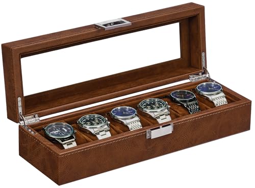 BEWISHOME Watch Box, 6 Slot Watch Cases for Men Watch Holder, Leather Watch Display Case with Large Glass Lid, Watch Storage with Soft Pillow, Brown SSH13Z
