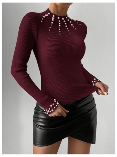 WDIRARA Women's Pearls Beaded Sweater Rib Knit Mock Neck Long Sleeve Tops Slim Fit Casual Pullovers4