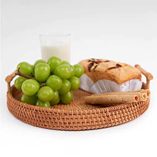 T'furni Set Of 3 Rattan Hand-Woven Wicker Trays | Round Serving Basket - Serving Tray With Handles For Bread Fruit Vegetables, Restaurant Serving & Tabletop Display Baskets #TOP6