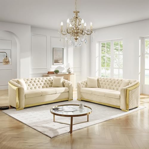 Image of KEIKI 2-Piece Luxury Chesterfield Sofa Set with 1 Velvet 3-Seater Sofa & 1 Loveseat Sofa, Italian 5-Seater Couch Set with 4 Pillow, Gold Stainless Decoration and Rolled Arms, for Living Room, Beige