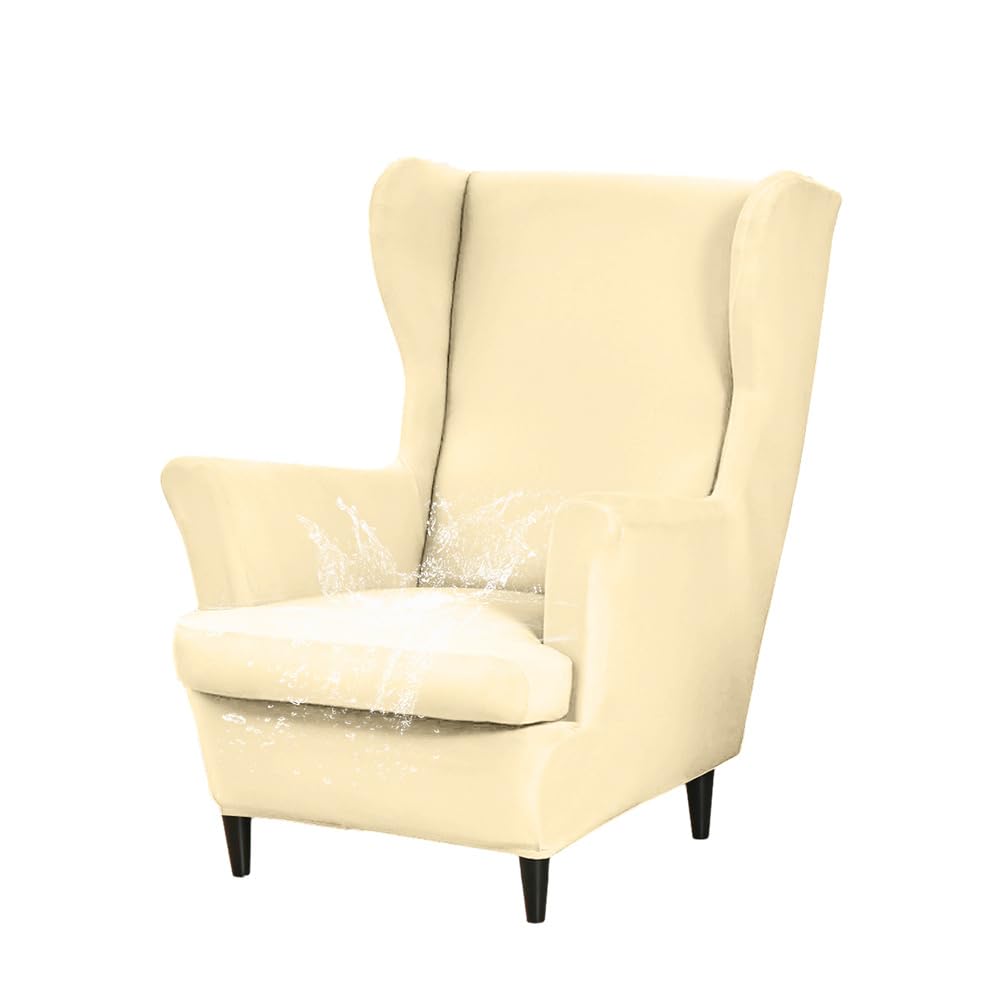 WJHDWYD Waterproof Wingback Chair Cover 2 Pieces Armchair Cover with T-Cushion Cover, Solid Color Stretch Armchair Cover, for Hotel Living Room Bedroom(Beige)