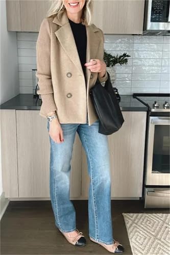 Women's Lapel Button Knitted Patchwork Sleeve Casual Coat Cropped, 2025 New Pea Coat Double Breasted Blazer Sweater For Women4