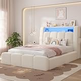 ADORNEVE Twin Size Boucle Bed Frame, Upholstered Teddy Fabric Bed Frame with Headboard, LED Lights & Charging Station, Thickened Foam Cushioned, Rounded Corners Design & Easy Assembly, Cream White