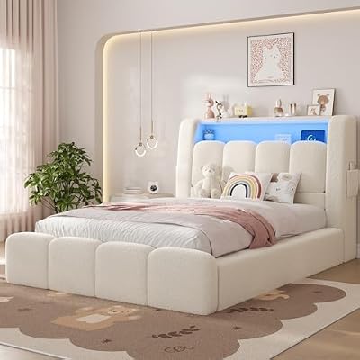 ADORNEVE Twin Size Boucle Bed Frame, Upholstered Teddy Fabric Bed Frame with Headboard, LED Lights & Charging Station, Thickened Foam Cushioned, Rounded Corners Design & Easy Assembly, Cream White