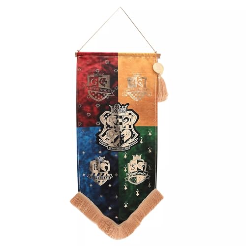 Warner Bros Harry Potter Alumni Banner, Hogwarts Houses Gryffindor Slytherin Ravenclaw Hufflepuff, Decorative Wall Hanging with Tassel