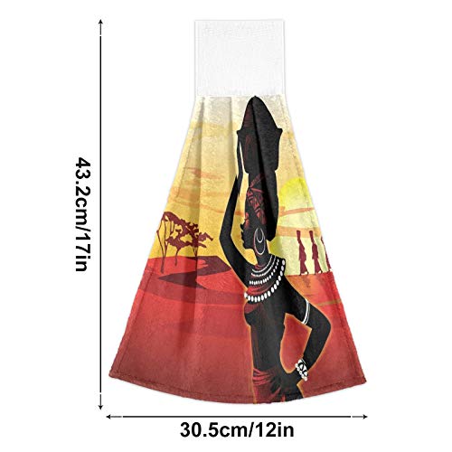 Boccsty Tribal African Woman Hanging Kitchen Towels 2 Pieces Tropical Tree Sunset Dish Cloth Tie Towels Hand Towel Tea Bar Towels For Bathroom Farmhouse Housewarming Tabletop Home #TOP2