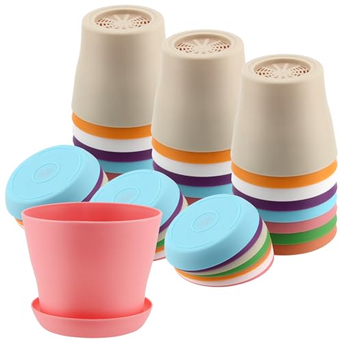 FUNSUEI 24 macetas de 10 cm de diámetro, 8 Colores con Bandeja, pequeñas macetas cubremacetas de plástico para Plantas de jardín, Rojo, Rosa, Naranja, Azul, Morado, Blanco, Beige