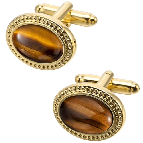 Image of Jonwo Oval Natural Polished Tigers Eye Gemstone Cufflinks for Men Silver/14K Gold Plated Crystal Men's Cufflinks Jewelry for Wedding Anniversary Business Party Tuxedo Dress (Golden)