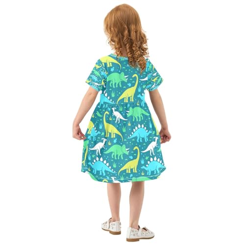 Cute Dinosaurs Girls Dress Short Sleeve Dress Girls' Summer Sundress 5-6T4