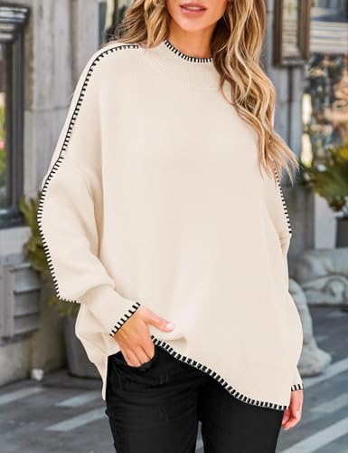 Zesica Women'S Striped Sweaters 2024 Casual Long Sleeve Mock Neck Contrast Color Comfy Loose Knit Pullover Tops,Apricot,Medium thumb #2