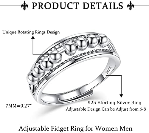 RANKEEF 925 Sterling Silver Adjustable Anxiety Ring for Women Men Peace Fidget Spinner Rings Retro Wedding Promise Thumb Rings for Anxiety Stress Relief Items