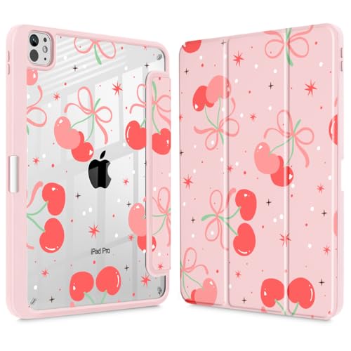 May Chen for iPad Pro 13 Inch Case M5 2025 / M4 2024, Built Pencil Holder & Clear Transparent Print Back Shell Slim Stand Shockproof Tablet Cover, Auto Wake/Sleep, Coquette Cherry