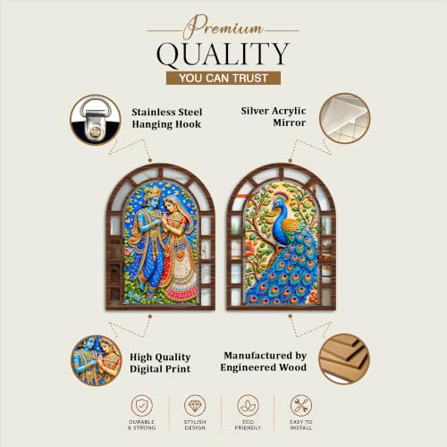 Image of Artvibes Radha Krishna & Peacock Theme Wall Hanging Decor | Decorative Wall Jharokha Mirror for Living Room, Bedroom, Hall, Prayer Room, Dining Area & Lobby | Gift (WH 12008N), Set of 2