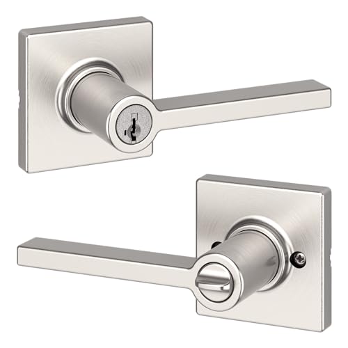 Weiser Casey Satin Nickel Front Door Handle with Lock, Reversible Square Exterior/Interior Door Handles with Lock, Keyed Entry Door Lever for Front Door, Bedroom, Bathroom & Office, Modern Home Decor by Weiser - Used condition - CA$21.51