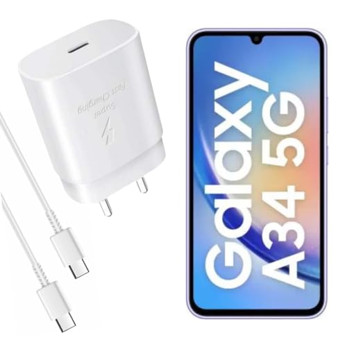 Image of MAK 25W Charger with Cable for Samsung Galaxy A34 5G Charger Adapter Compatible with Galaxy A34 Charger, 25 Watt USB Type C to C Pd Charging Adapter C Type, White