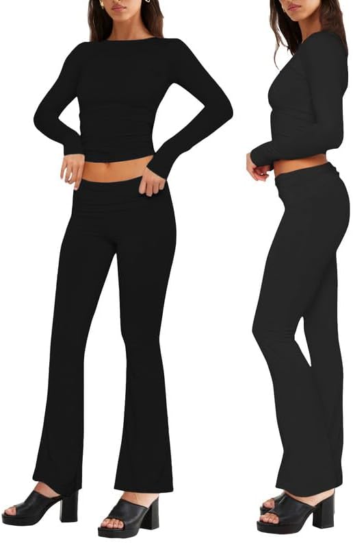 Casual Women's Two Piece Outfit Basic Long Sleeve Crop Top with Low Rise Flare Pants Set Lounge 2 Piece Yoga Tracksuit