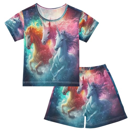 ALAZA Unicorn Galaxy Nebula Animal Horse Pajamas Set Short Sleeve Cotton Sleepwear Summer Pjs 2 Piece 5-14Y