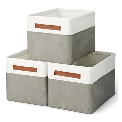 Amazon Basics Collapsible Storage Bins with Faux Leather Handles, Foldable Organizing Containers for Closet, Charcoal, Large, 3-Pack