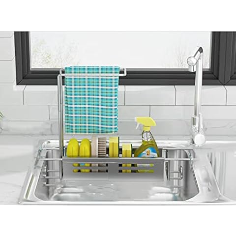 Timpou Kitchen Stainless Steel Rag Rack Multi-Purpose Sink Drain Storage Towel Tap Retractable Sink Rack with 2 Mop Rails Holder Sink Organiser Cover