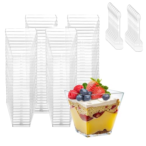 Dessert Cups, 50 Pack 4oz/120ml Square Clear Plastic with Spoons Leakproof Party Cups for Puddings,Mousses,Parfaits,Trifles,Tiramisu,Party,Birthday,Christmas by FookSwee - Used condition - CA$17.00