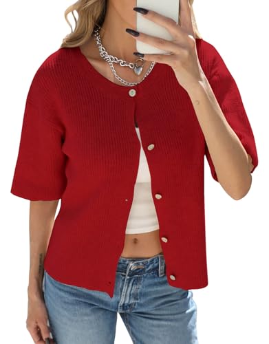 Image of Alsol Lamesa Women's Lightweight Button Up Knitted Cardigan Sweater Solid Color Short Sleeve Cute Cardigan Tops