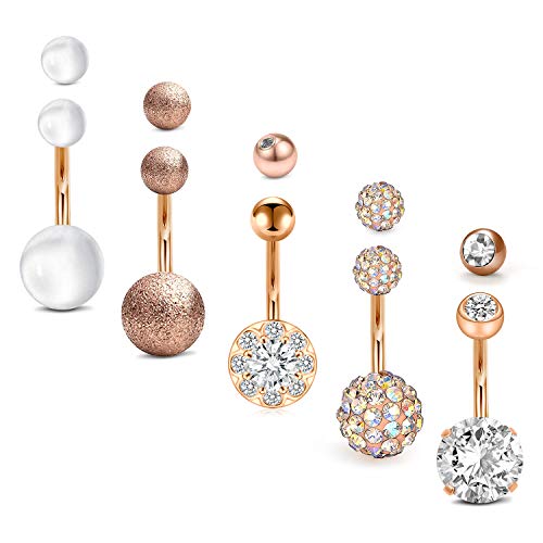 MODRSA Belly Button Rings Surgical Stainless Steel 14G Belly Ring Sparkly CZ Navel Piercings Jewelry for Women Girls 10mm Bar Replacement Ball Pack Rose Gold