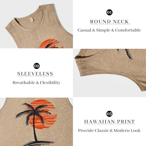 Image of Mens Tank Tops Summer Beach Vacation Sleeveless Shirts Hawaiian Palm Tree Print Soft Tops