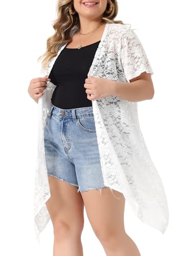 Image of Agnes Orinda Plus Size Lace Crochet Cardigan for Women Open Front Short Sleeves Sheer Cover Up Jacket
