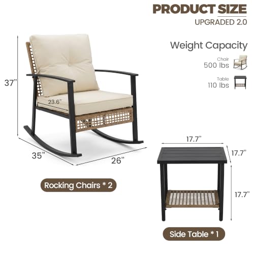 TARKARI 3-Piece Patio Rocking Chairs Set of 2, Rocking Chair Bistro Set [Upgraded 2.0] & 2-Tier Coffee Table, Wicker Rocking Chair Outdoor Patio Furniture Set for Backyard, Porch, Balcony (Beige) — view 2