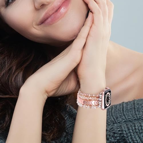 GEMEK Compatible with Apple Watch Band 38/40/41/42/44/45/49mm Women iWatch Bands Series 9/8/7/6/5/4/3/2/1, Handmade Beaded Elastic Stretch Pearl Bracelet Replacement Strap for Women Wristband (Rose Gold) by GEMEK - Used condition - Image 7