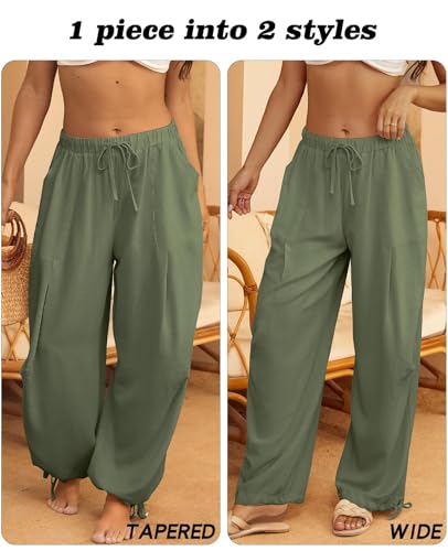 Image of Women's Linen Balloon Barrel Beach Pants Boho Harem Flowy Drawstring Casual Loose Pants with Pockets