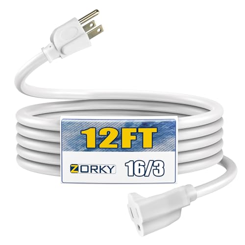 Image of 12ft Outdoor Extension Cord - 16 /3 Heavy Duty SJTW Waterproof White Electrical Cable with 3 Prong Grounded Plug for Safety, Great for Lawn and Major Appliances
