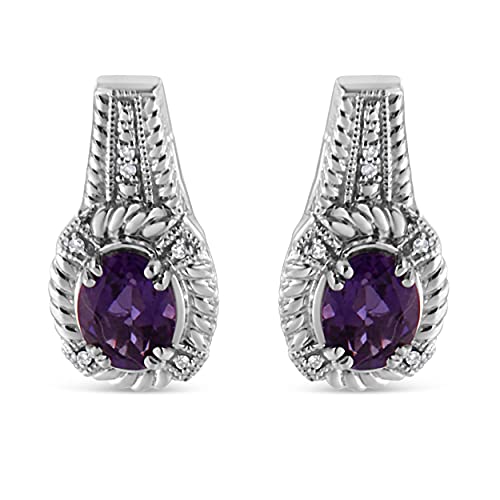 .925 Sterling Silver 8x6 MM Natural Oval Purple Amethyst Gemstone and Diamond Accent Art Deco Style Drop and Dangle Earrings (I-J Color, I1-I2 Clarity)