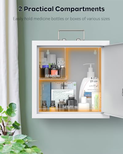 Miniatura 5 de Uniclife Gabinete De Medicina De Montaje En Pared Con Cerradura De Llave Y Asa, Gabinete De Primeros Auxilios Con Cerradura, Organizador De Medicamentos Mediano, Gabinete De Pared De Acero Seguro,
