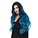 SEIKEA Synthetic Hair Wig 30 Inch Long Wavy Curly Women Hair Color Ombre Parting in Side with Root - Teal Blue